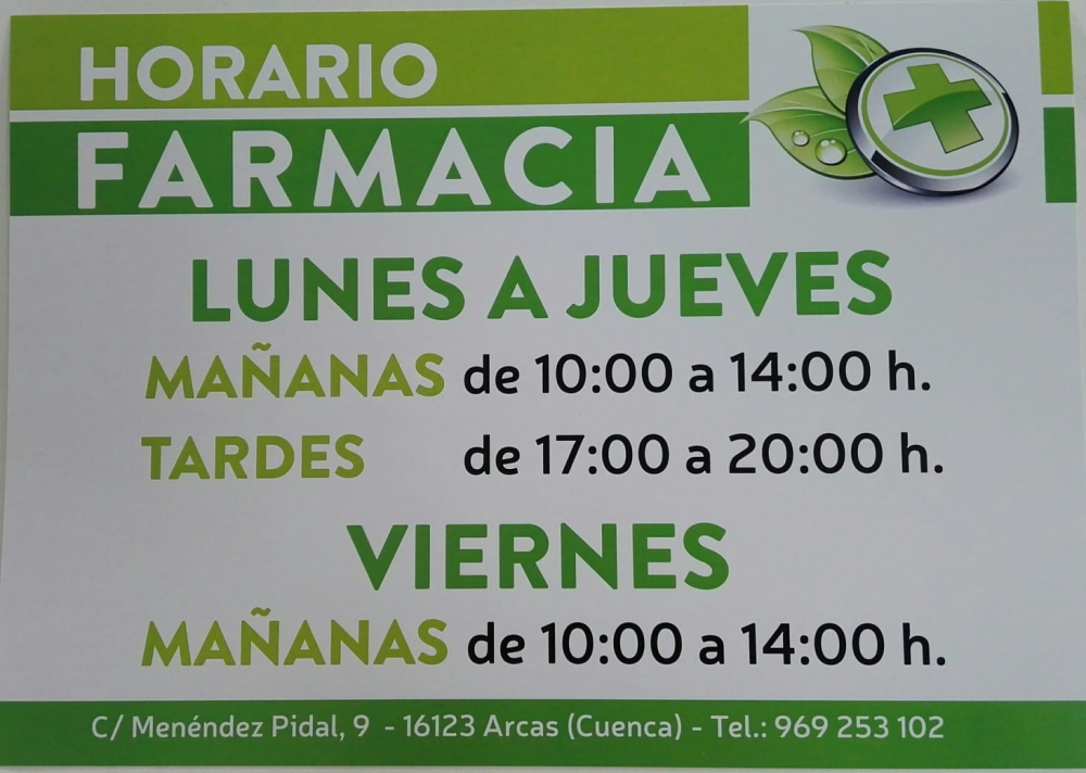 Horario invierno Farmacia de Arcas. 